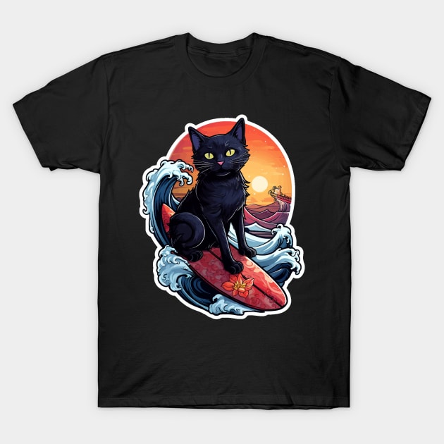 Black Cat Surfer T-Shirt by VelvetRoom